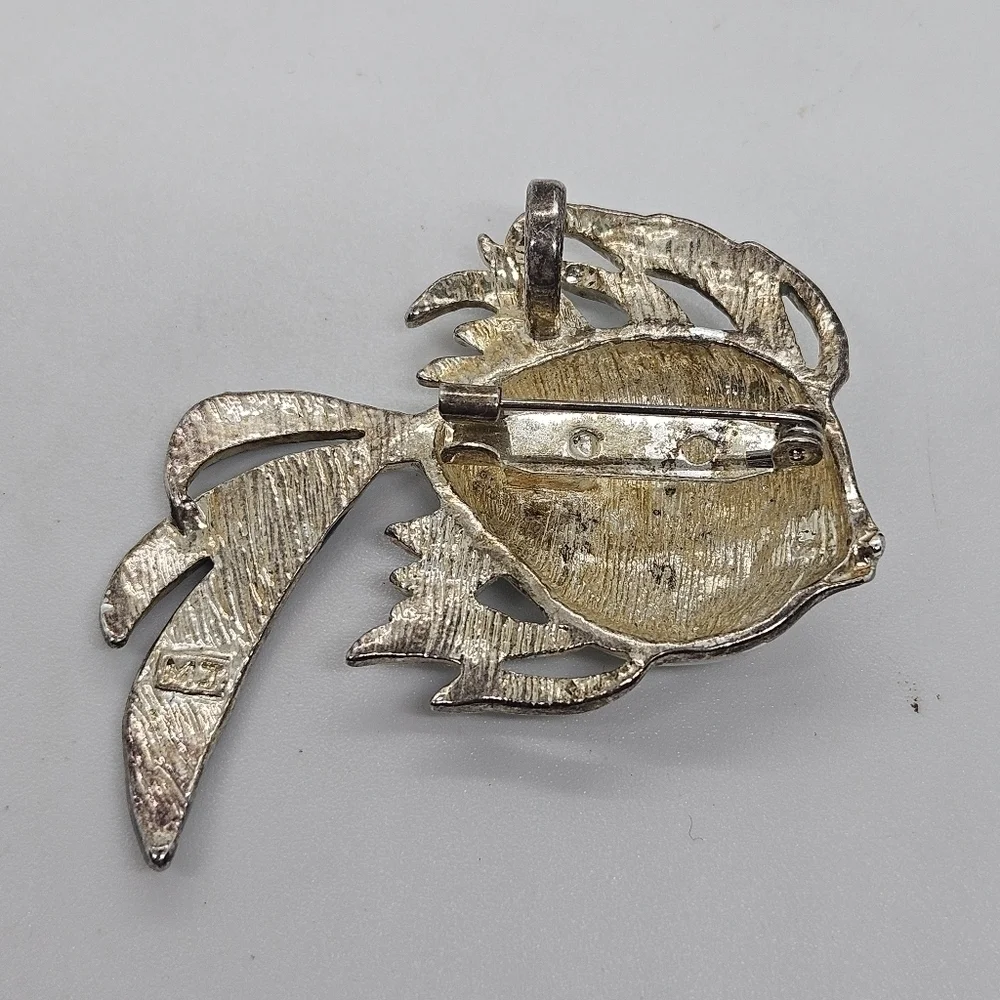 silver tone white fish pendant pin brooch signed MJ